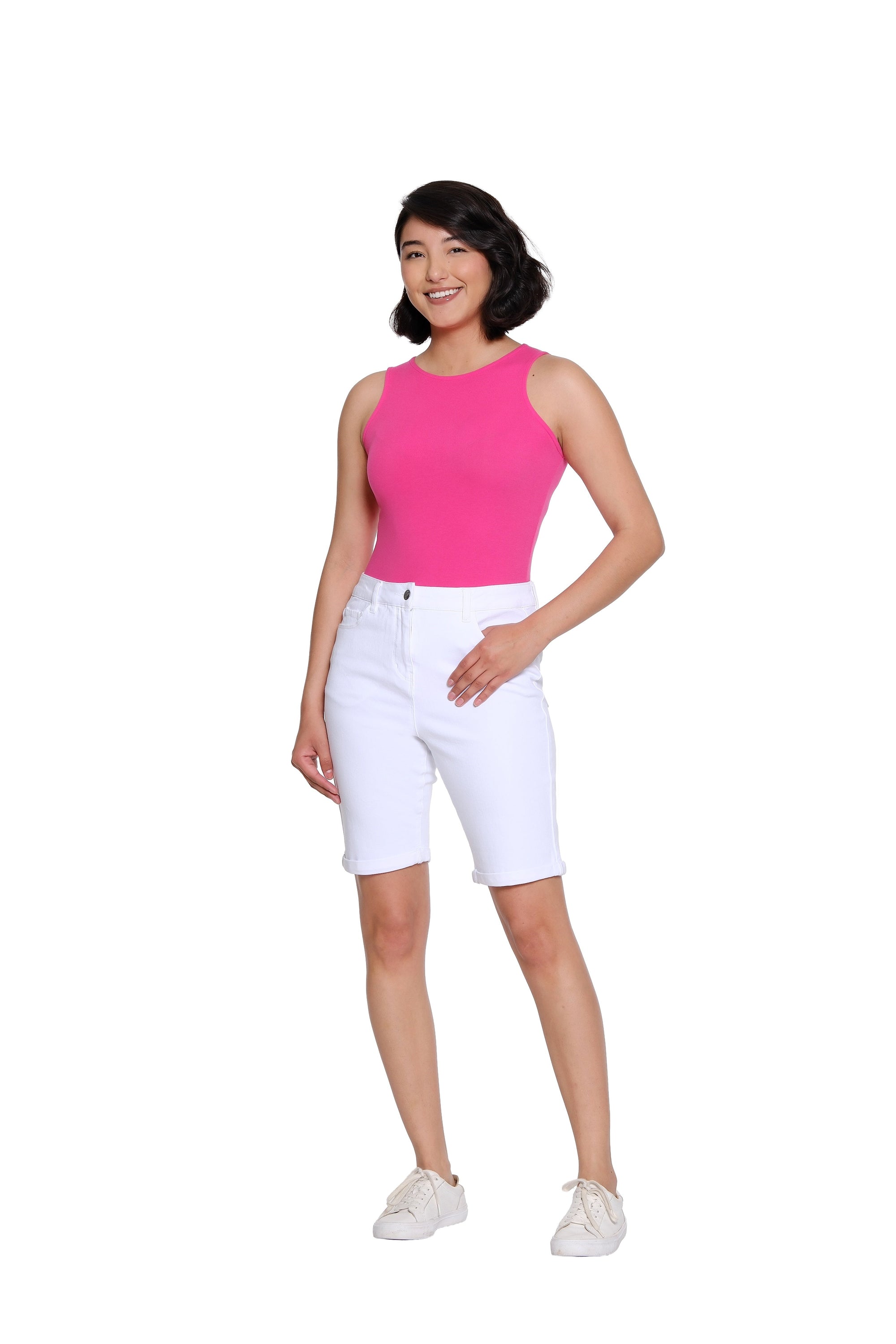 Stretch Denim Short with Rolled Hem - White