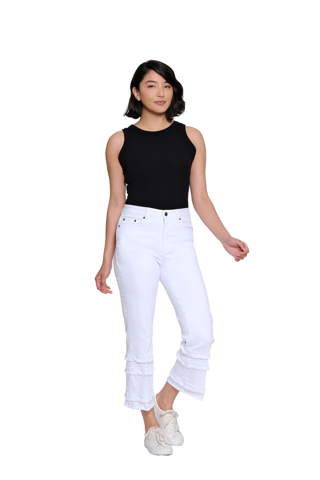 Denim Flare-Leg Crop Pant with Multi-Fringe Hem - Plus - White