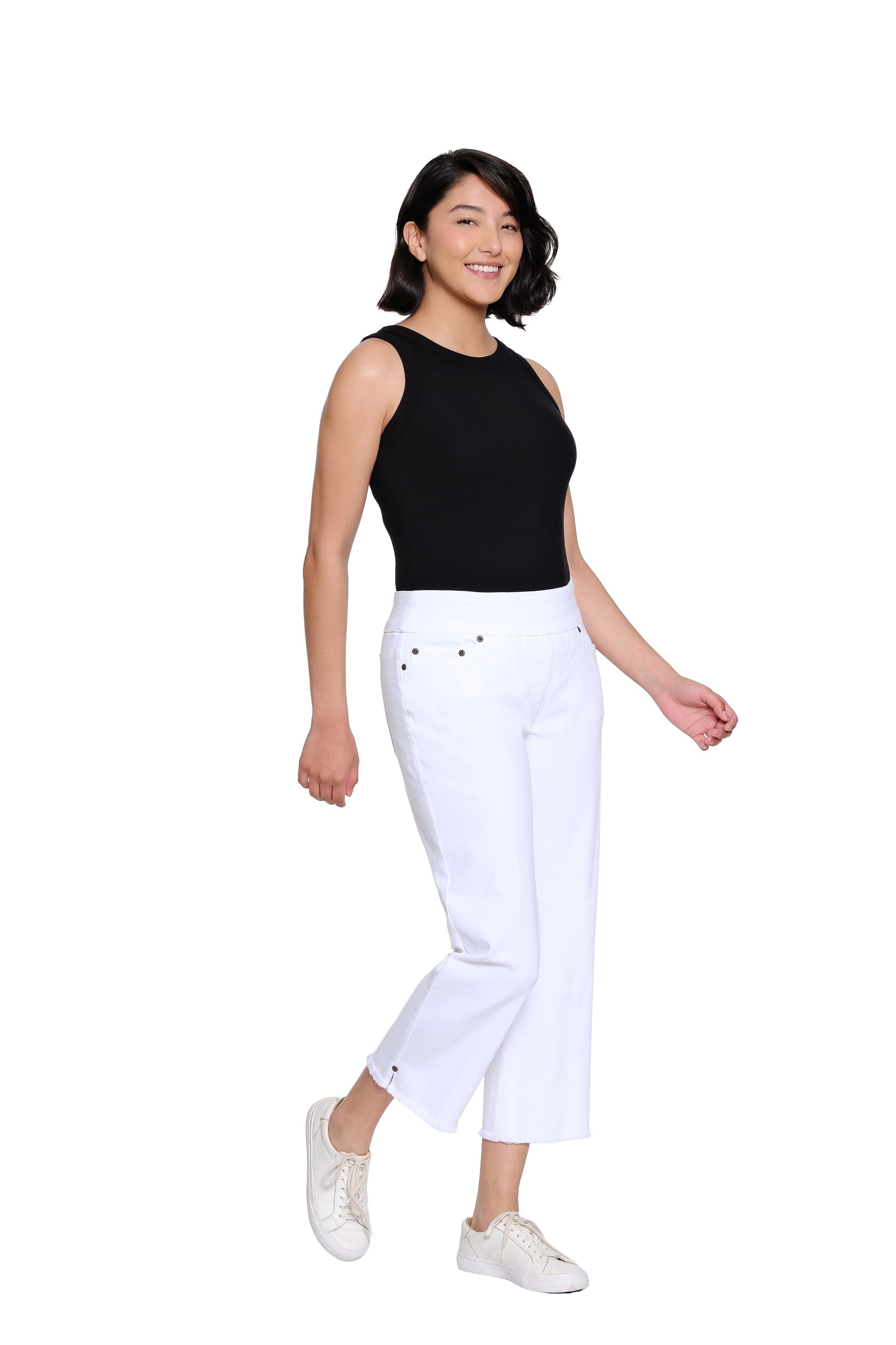 Stretch Denim Crop Pant with Fringe Hem - White