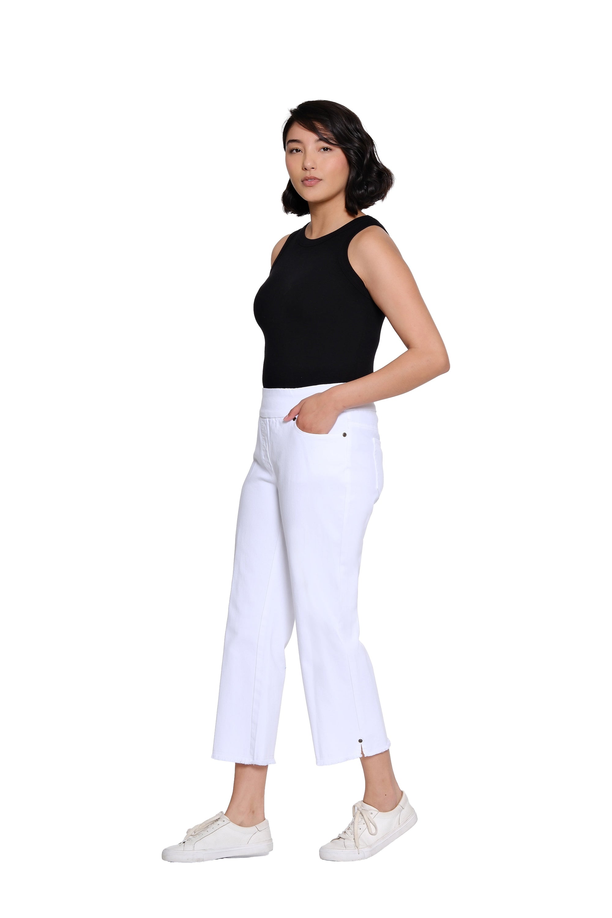Stretch Denim Crop Pant with Fringe Hem - Plus - White