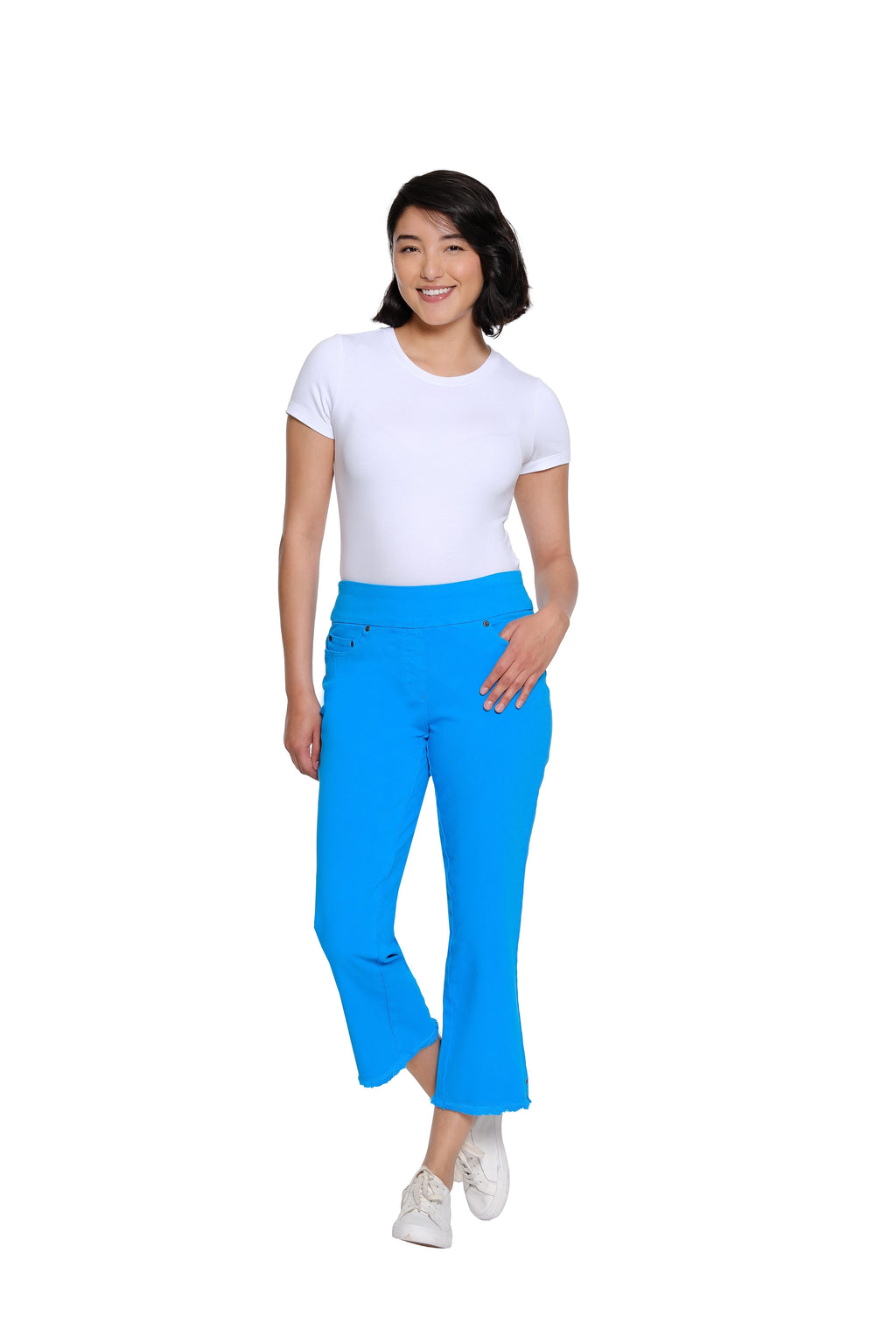 Stretch Denim Crop Pant with Fringe Hem - Bright Turquoise
