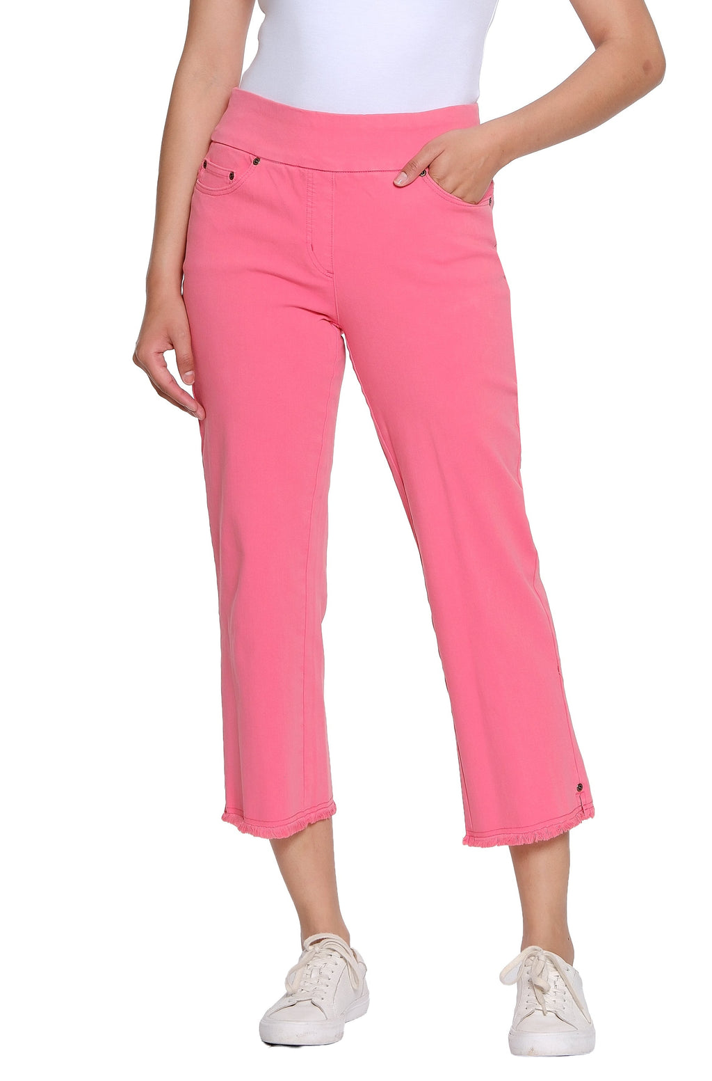 Stretch Denim Crop Pant with Fringe Hem - Plus - Coral Pink