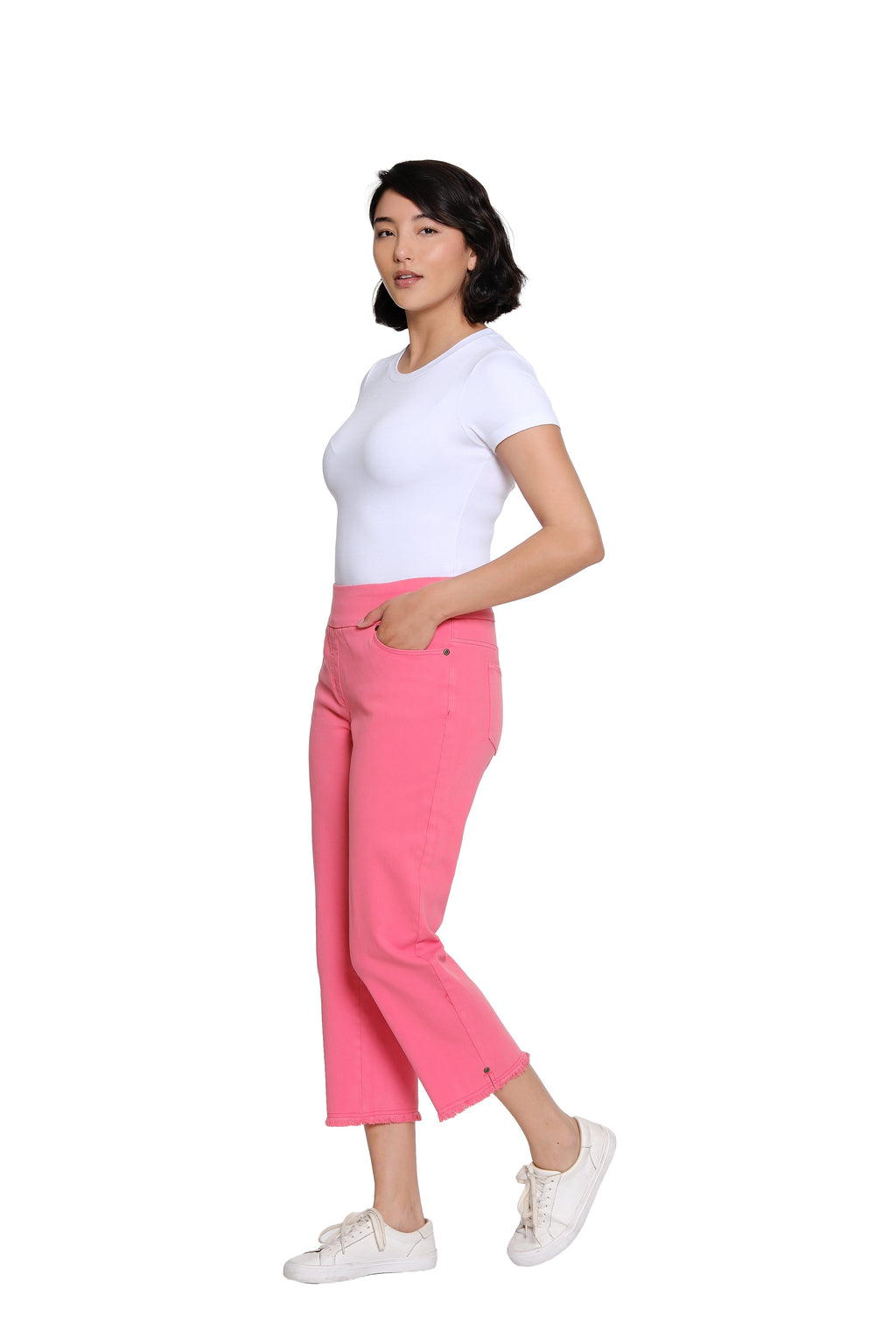 Stretch Denim Crop Pant with Fringe Hem - Plus - Coral Pink