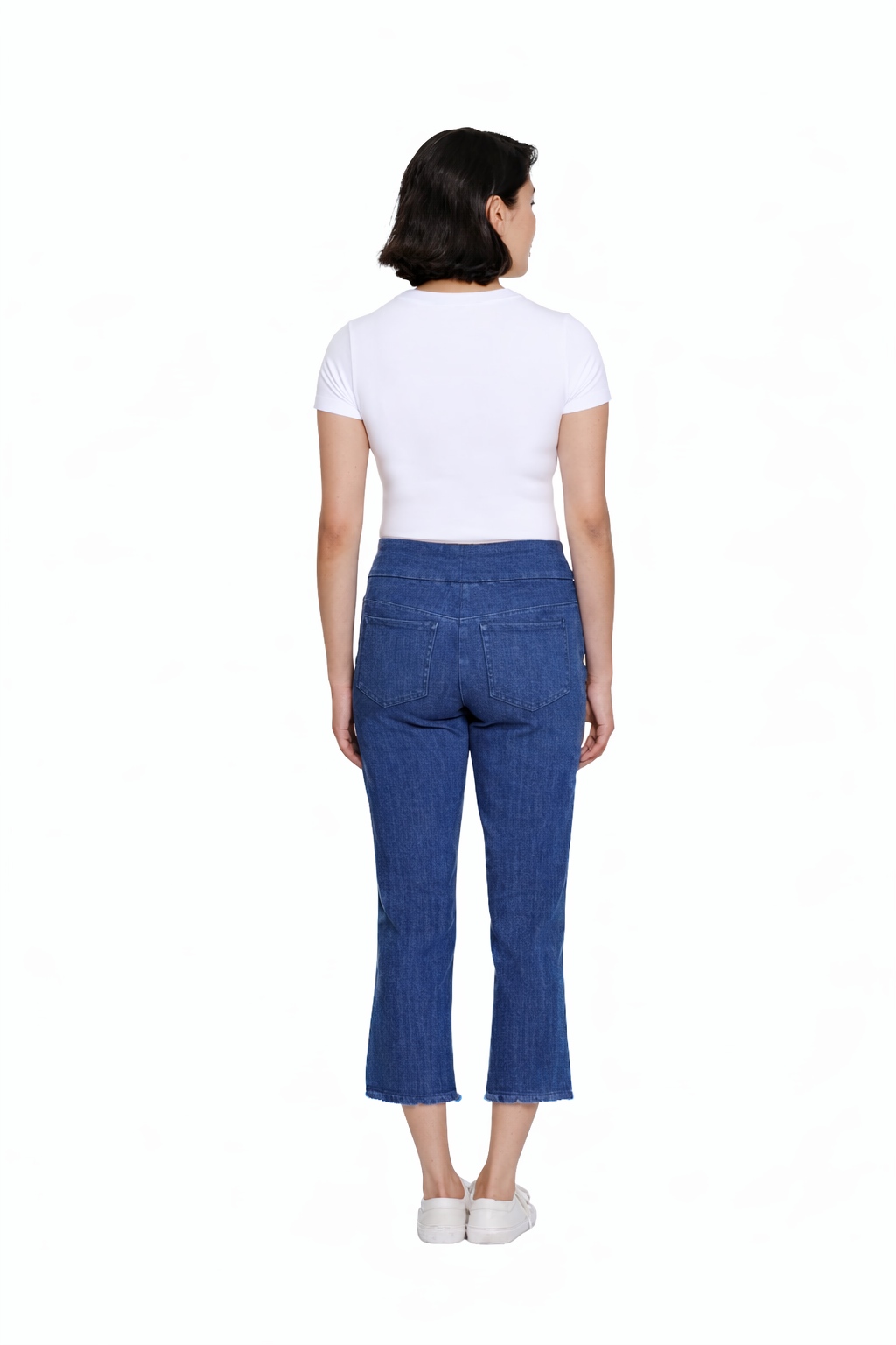 Stretch Denim Crop Pant with Fringe Hem - Medium Indigo