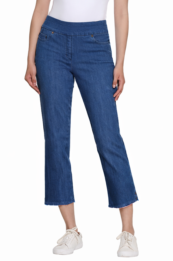Stretch Denim Crop Pant with Fringe Hem - Medium Indigo