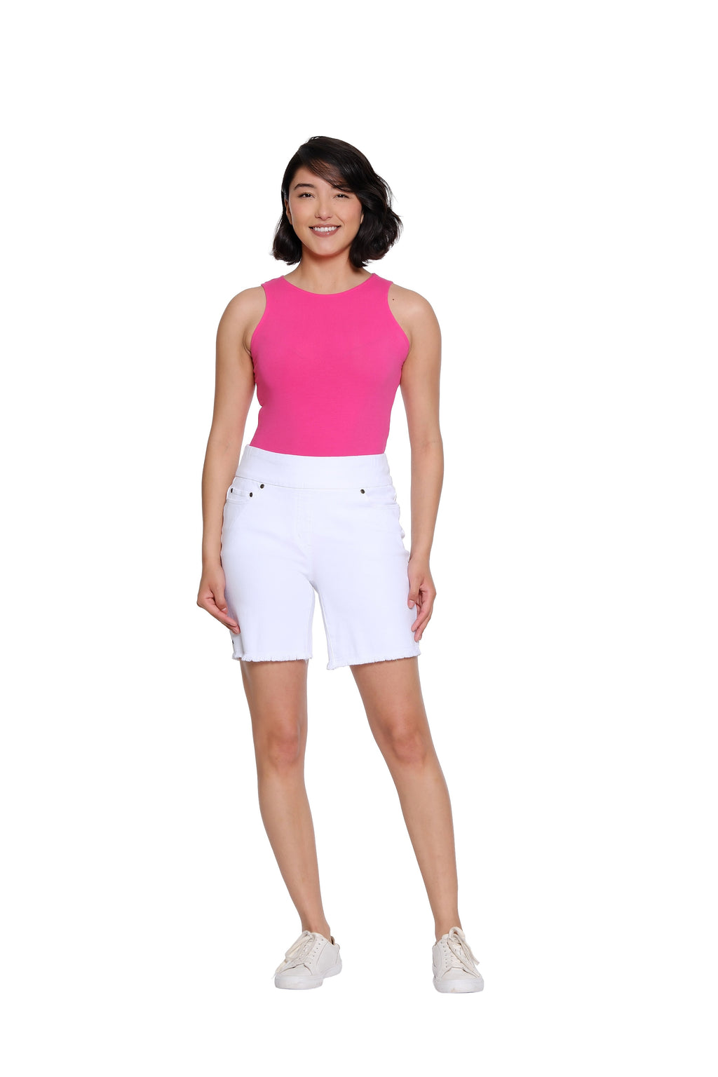 Stretch Denim Short with Fringe Hem - White
