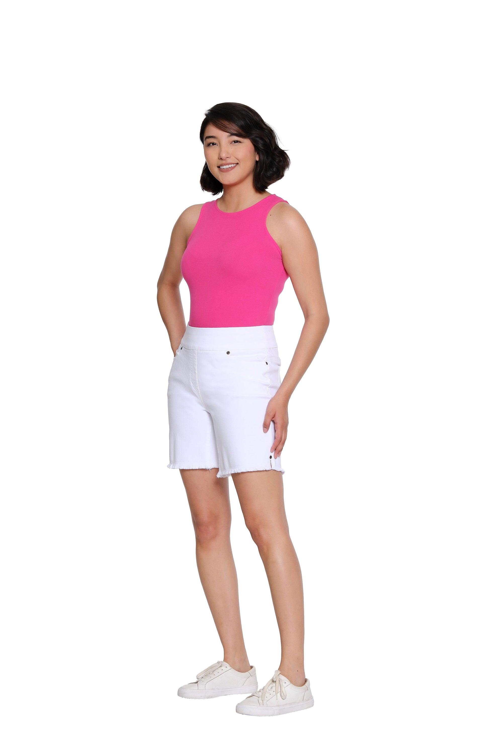 Stretch Denim Short with Fringe Hem - White