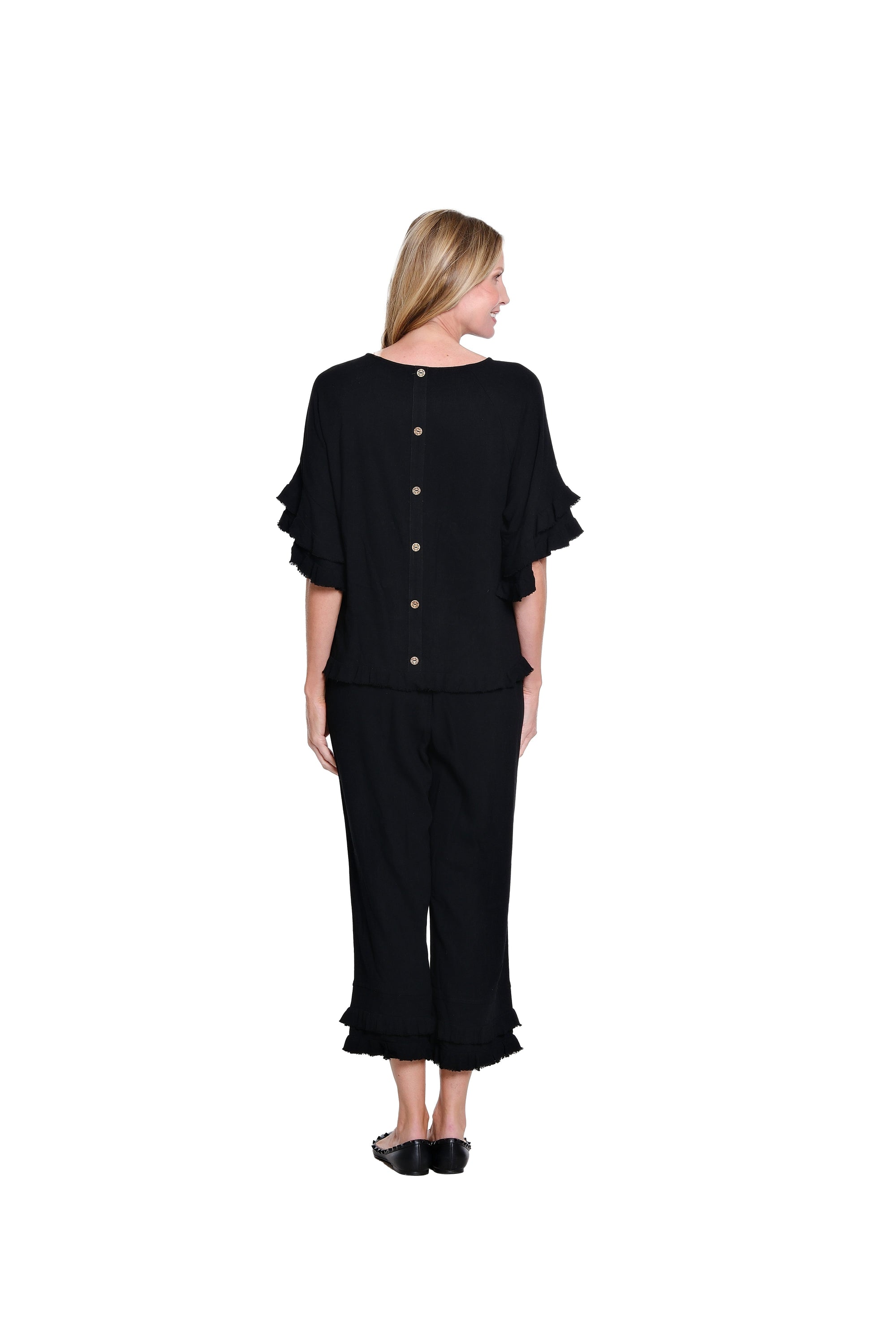 Textured Slub Crop Pant with Flounce Fringe Hem - Black