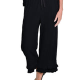 Textured Slub Crop Pant with Flounce Fringe Hem - Black