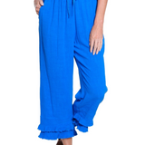 Textured Slub Crop Pant with Flounce Fringe Hem - Electric Blue