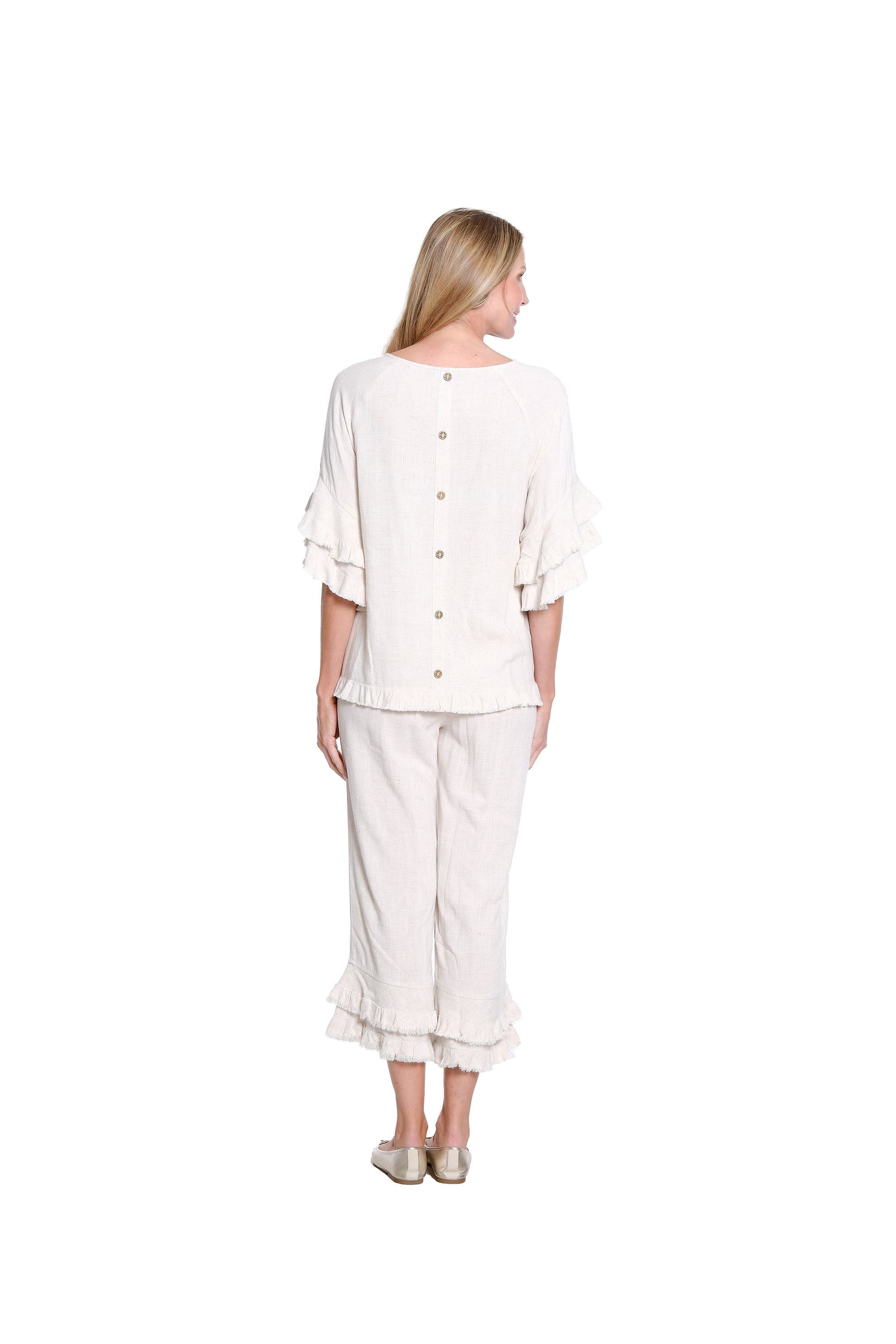 Textured Slub Crop Pant with Flounce Fringe Hem - Flax