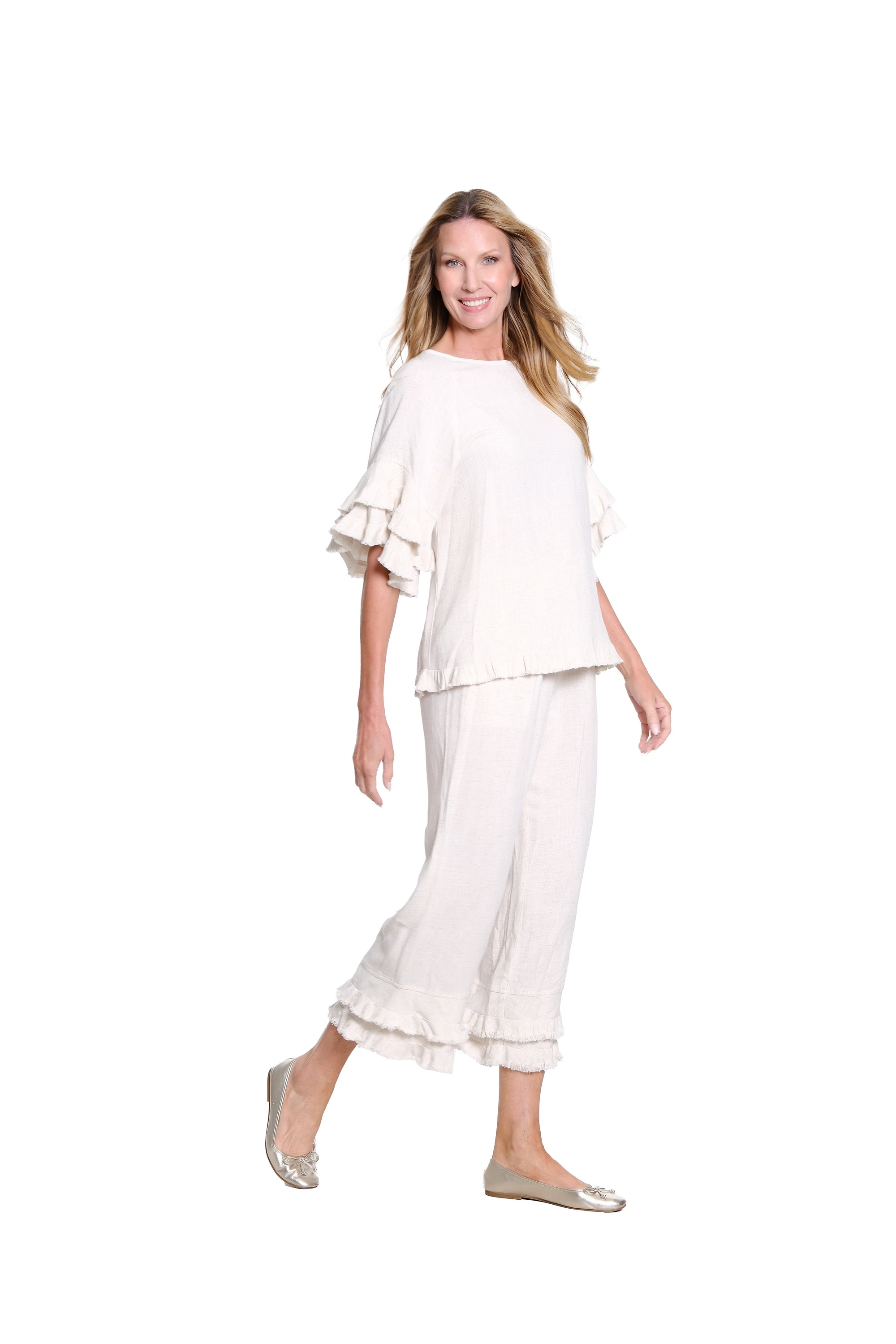 Textured Slub Crop Pant with Flounce Fringe Hem - Flax