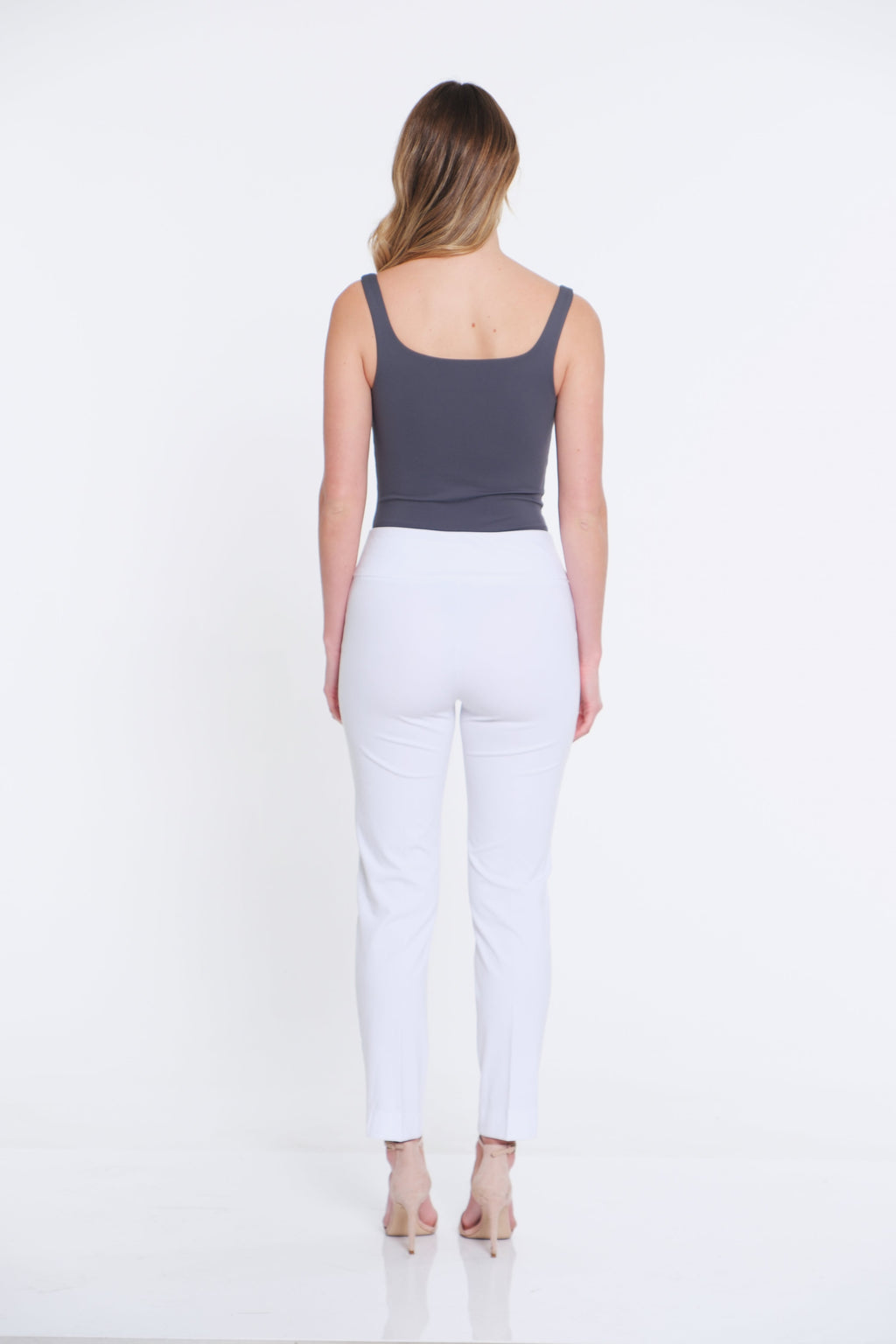 Wide Band Elastic Waist Ankle Pants - White