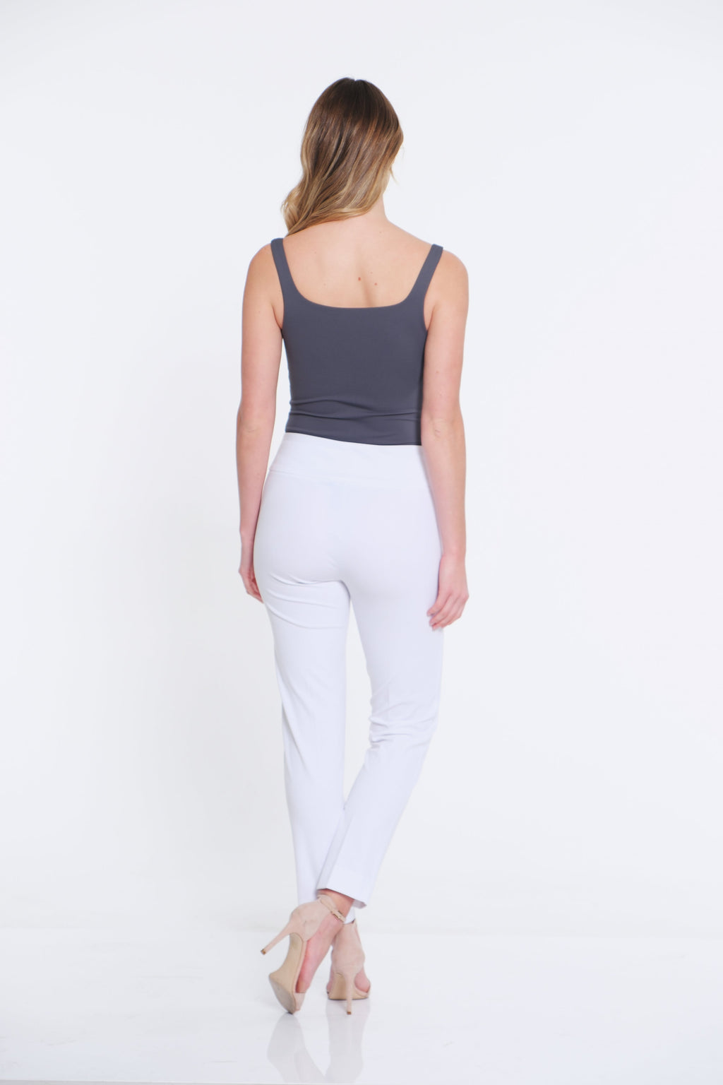 Wide Band Elastic Waist Ankle Pants - White