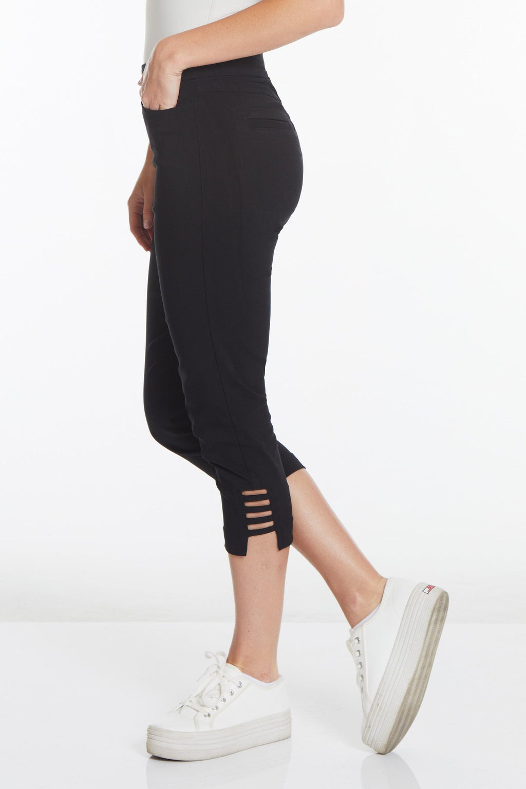 Plus Size Black Crop Pants with Pockets & Strap Hem Vents