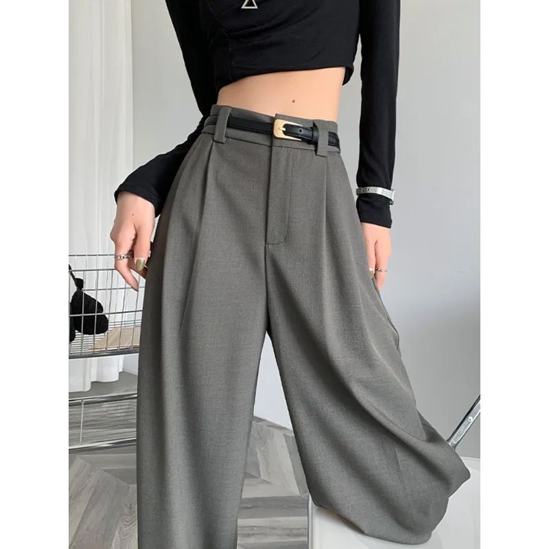 2025 outono inverno elegante cinza ternos calças para mulheres senhora do escritório cintura alta perna larga moda calças com bolsos calças pretas