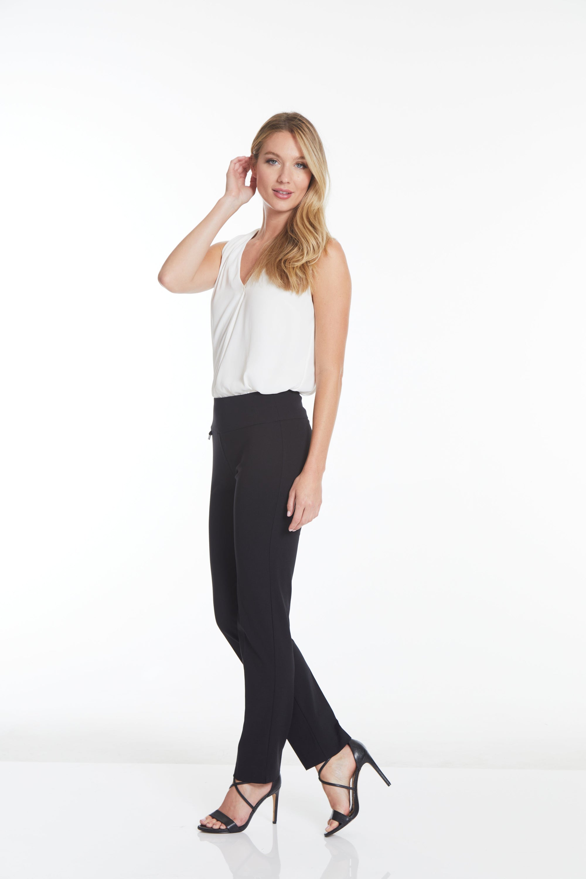 Wide Band Elastic Waist Ankle Pants - Black