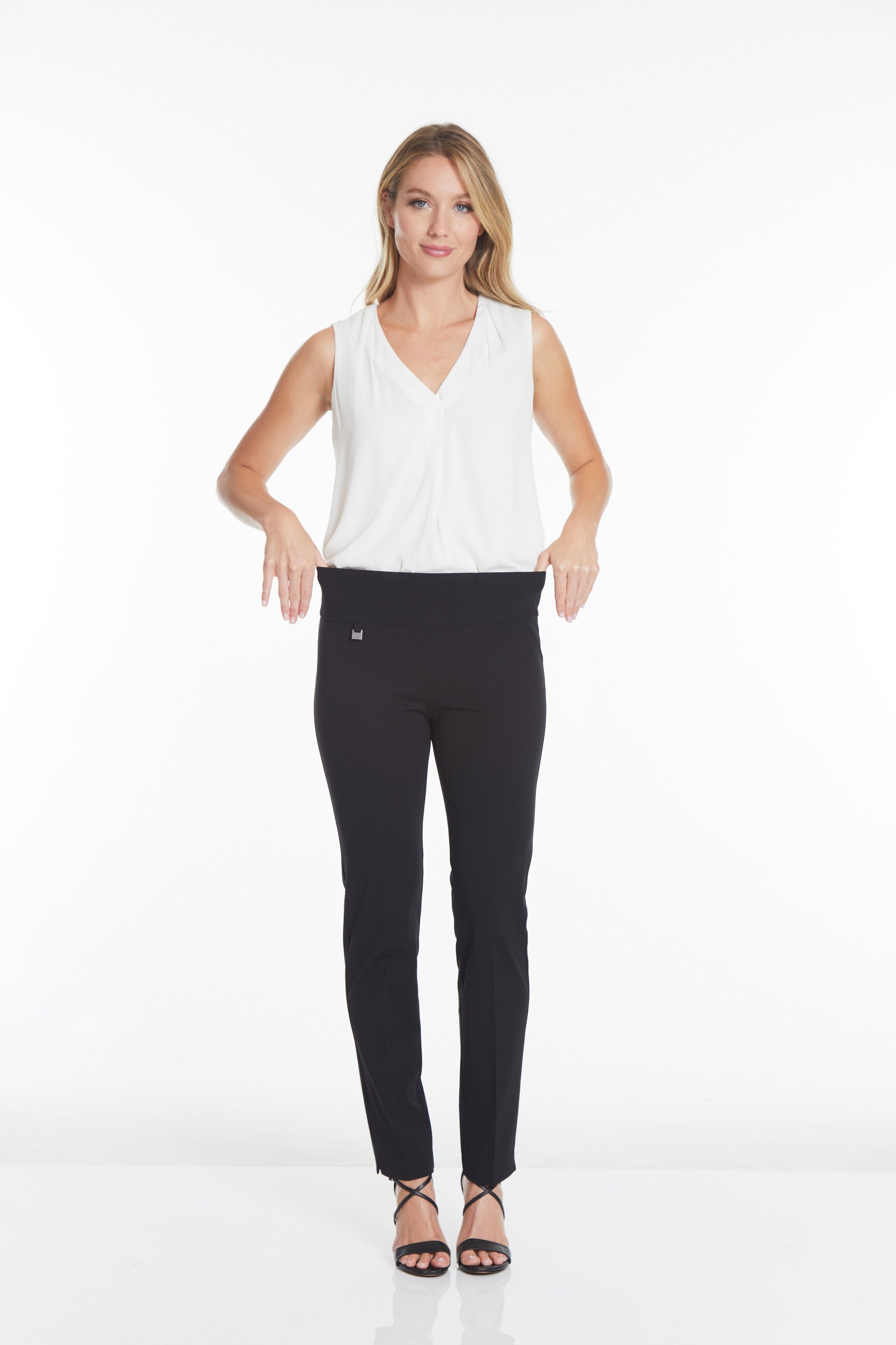 Wide Band Elastic Waist Ankle Pants - Black