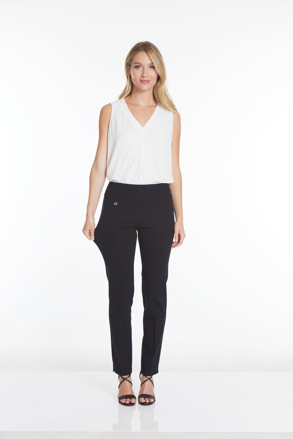 Wide Band Elastic Waist Ankle Pants - Black
