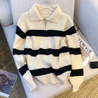 Smvp feminino turndown colarinho listrado camisola vintage solto manga longa malhas feminino outono inverno quente malha jumper topo
