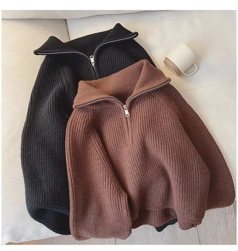 Meia gola zip camisola feminina pullovers de malha macia manga longa curto jumper outono inverno adolescente-menina roupa de moda coreana