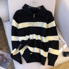 Smvp feminino turndown colarinho listrado camisola vintage solto manga longa malhas feminino outono inverno quente malha jumper topo