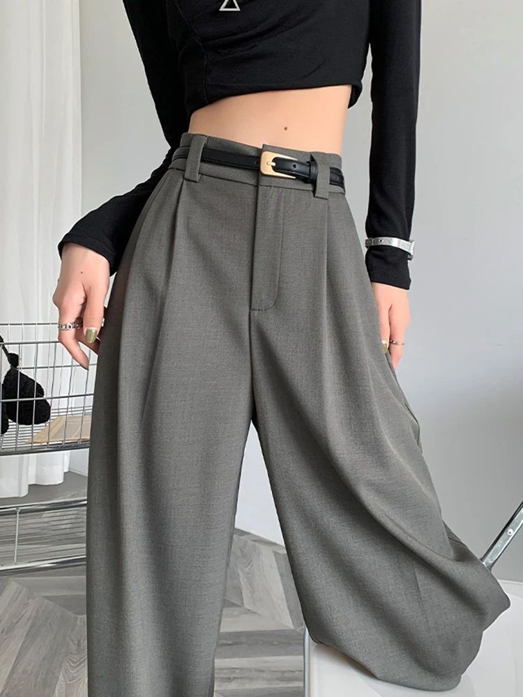 2025 outono inverno elegante cinza ternos calças para mulheres senhora do escritório cintura alta perna larga moda calças com bolsos calças pretas