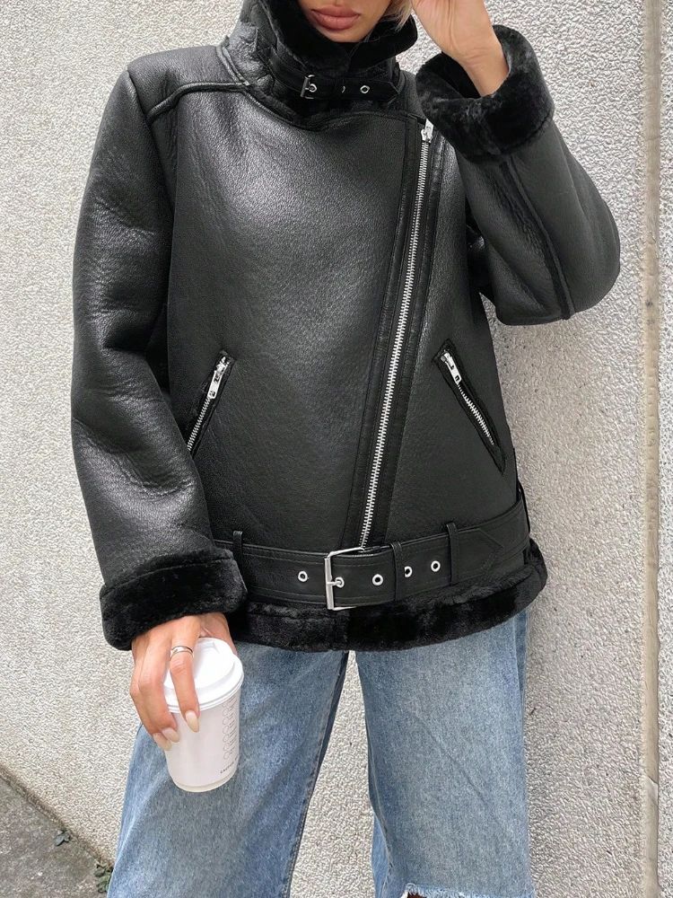 FTLZZ Faux Fur Trim Moto Jacket