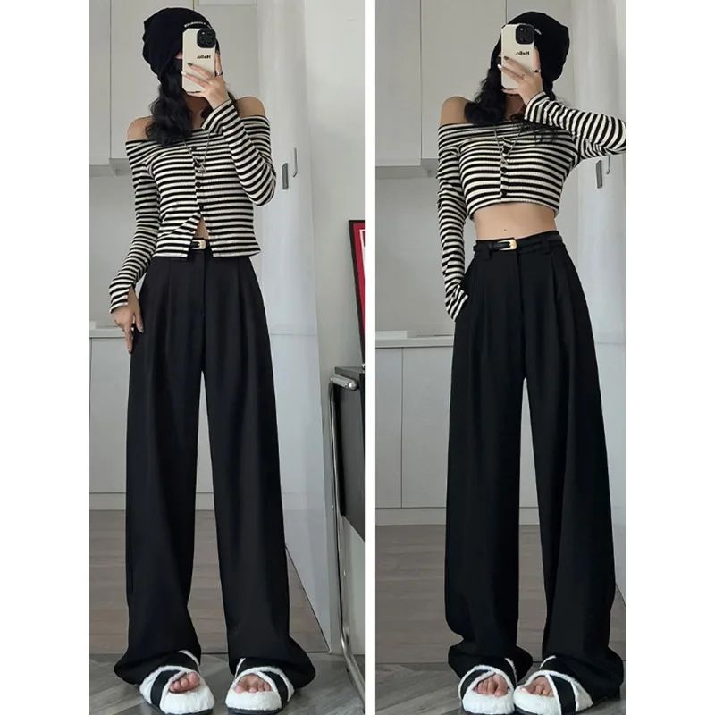 2025 outono inverno elegante cinza ternos calças para mulheres senhora do escritório cintura alta perna larga moda calças com bolsos calças pretas