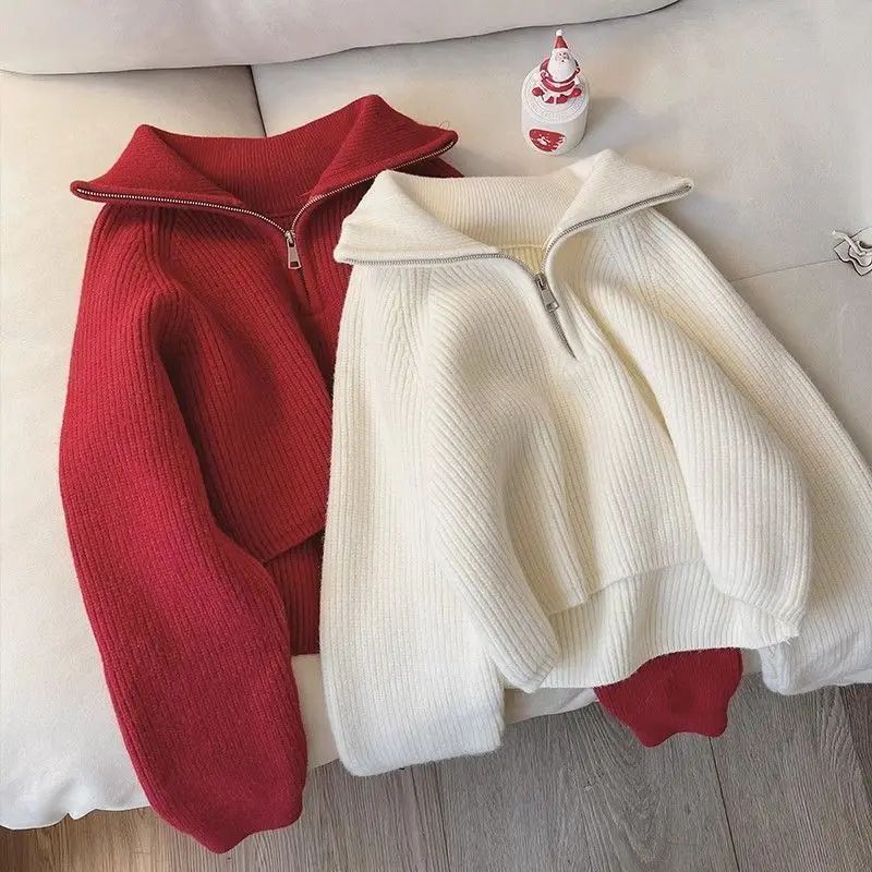 Meia gola zip camisola feminina pullovers de malha macia manga longa curto jumper outono inverno adolescente-menina roupa de moda coreana