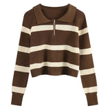 Smvp feminino turndown colarinho listrado camisola vintage solto manga longa malhas feminino outono inverno quente malha jumper topo