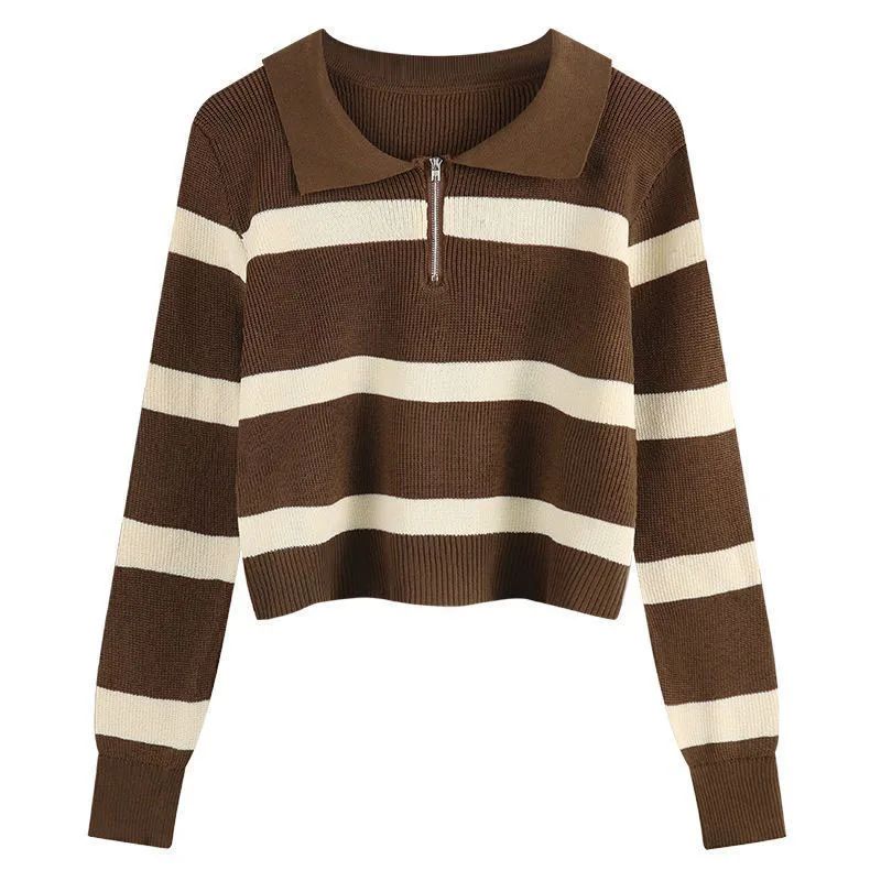 Smvp feminino turndown colarinho listrado camisola vintage solto manga longa malhas feminino outono inverno quente malha jumper topo