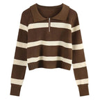 Smvp feminino turndown colarinho listrado camisola vintage solto manga longa malhas feminino outono inverno quente malha jumper topo