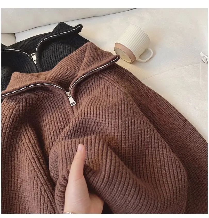 Meia gola zip camisola feminina pullovers de malha macia manga longa curto jumper outono inverno adolescente-menina roupa de moda coreana
