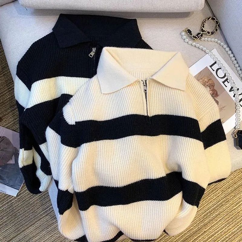 Smvp feminino turndown colarinho listrado camisola vintage solto manga longa malhas feminino outono inverno quente malha jumper topo