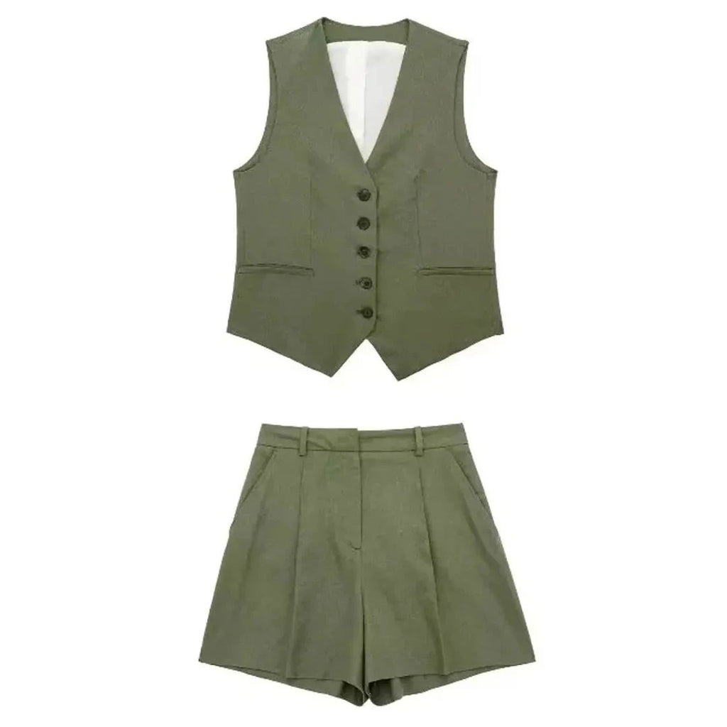 Piper Slim V-Neck Vest & Pleated Shorts Set