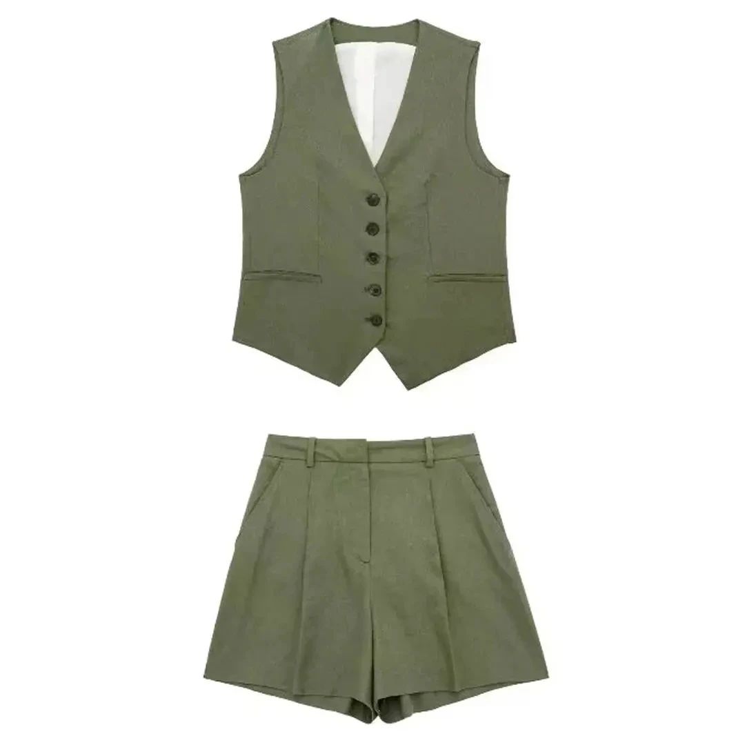 Piper Slim V-Neck Vest & Pleated Shorts Set