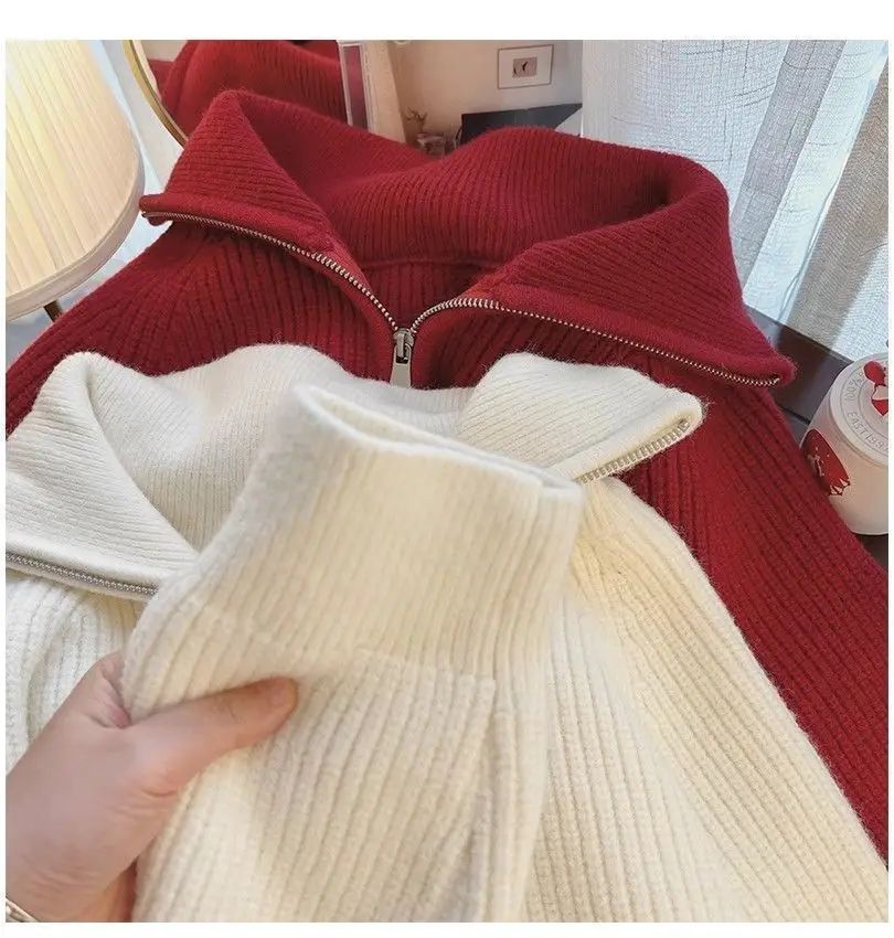 Meia gola zip camisola feminina pullovers de malha macia manga longa curto jumper outono inverno adolescente-menina roupa de moda coreana