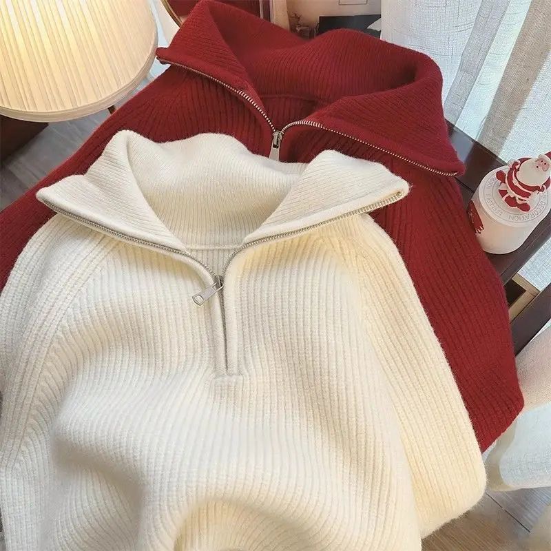 Meia gola zip camisola feminina pullovers de malha macia manga longa curto jumper outono inverno adolescente-menina roupa de moda coreana