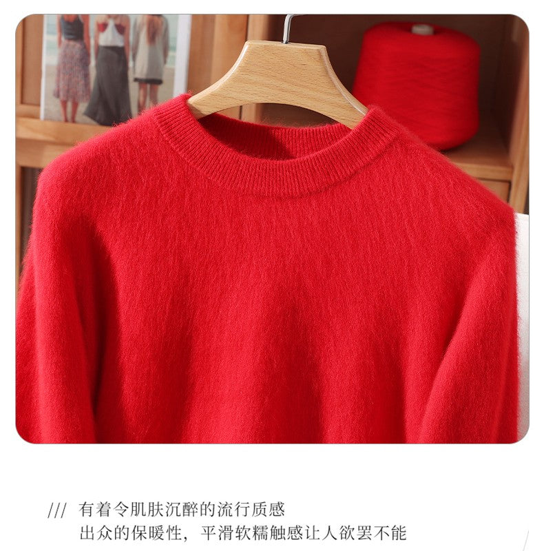 Outono e inverno novo suéter de caxemira de vison feminino curto grosso semi-gola alta camisa de fundo cor sólida simples topo