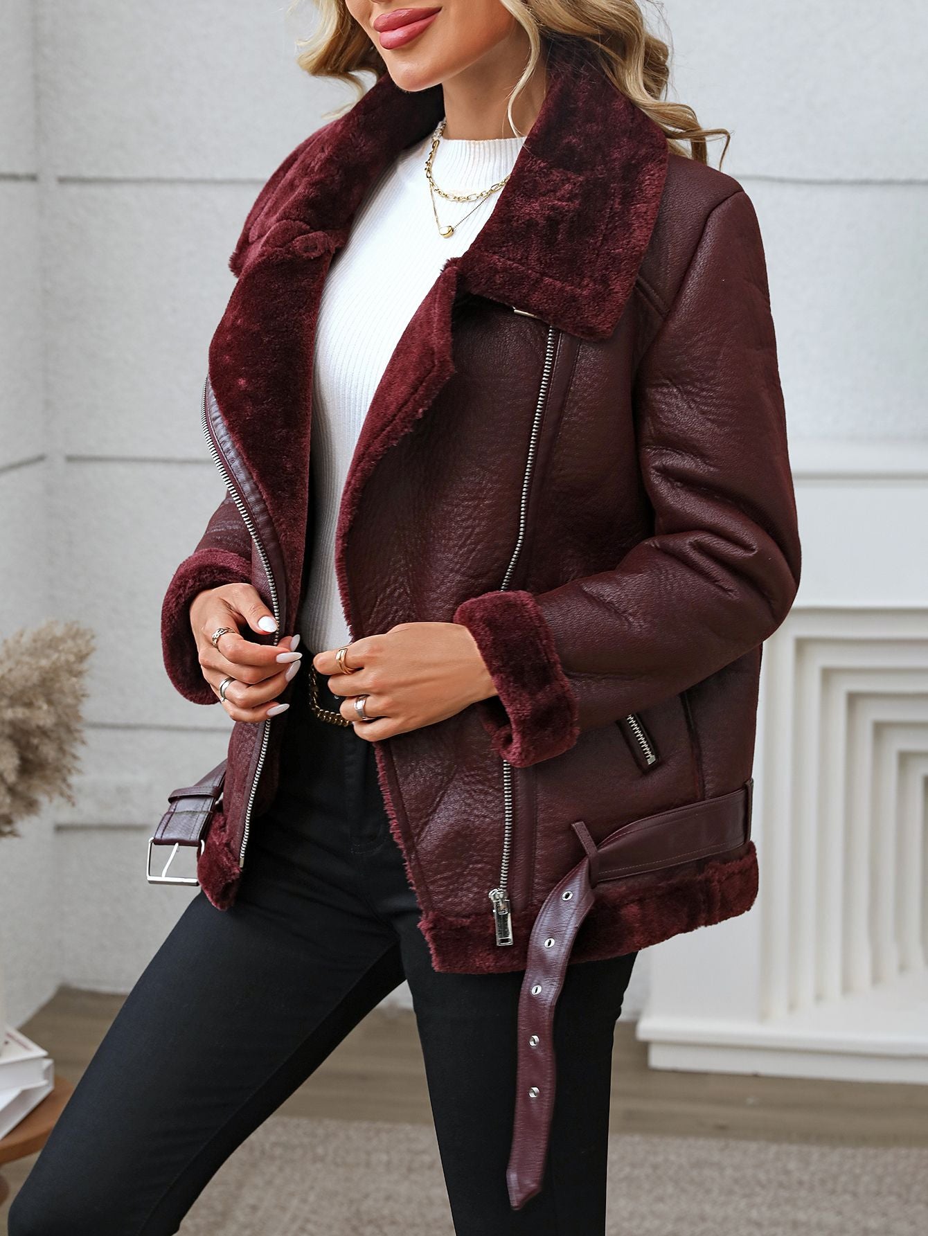 FTLZZ Faux Fur Trim Moto Jacket