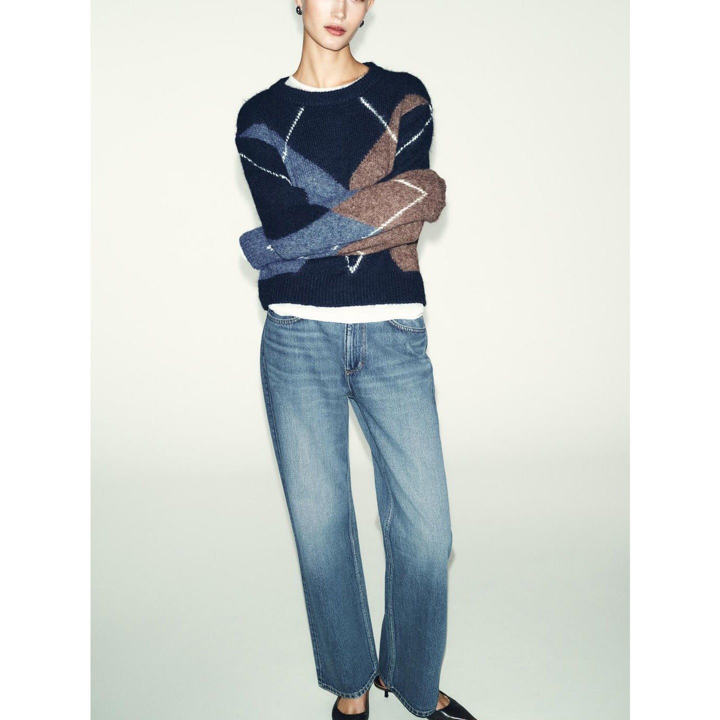 Nova Chegada de Primavera: Suéter Feminino de Tricô com Manga Longa, Gola Redonda e Padrão de Diamante, Simples, Casual, Caim...