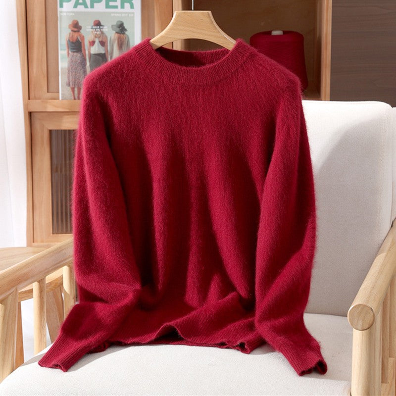 Outono e inverno novo suéter de caxemira de vison feminino curto grosso semi-gola alta camisa de fundo cor sólida simples topo
