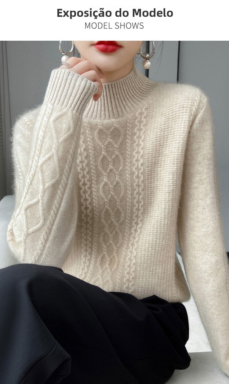 Camiseta Feminina de Gola Alta para Outono e Inverno, Suéter de Cashmere que Emite Calor, Manga Longa, Ajuste Regular
