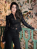 Blusas Femininas Vintage de Renda, Camisas Casuais de Verão com Gola Vazada, Elegantes com Bordado e Manga Bufante, Blusas Sexy