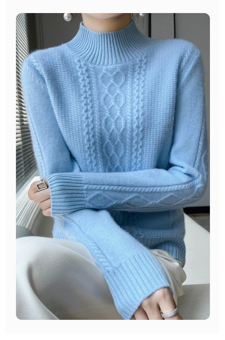Camiseta Feminina de Gola Alta para Outono e Inverno, Suéter de Cashmere que Emite Calor, Manga Longa, Ajuste Regular