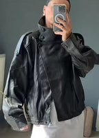 Jaqueta Feminina 2026 Outono Nova Preta Manga Longa Couro Sintético Texturizado Estilo Motociclista Personalidade e Moda