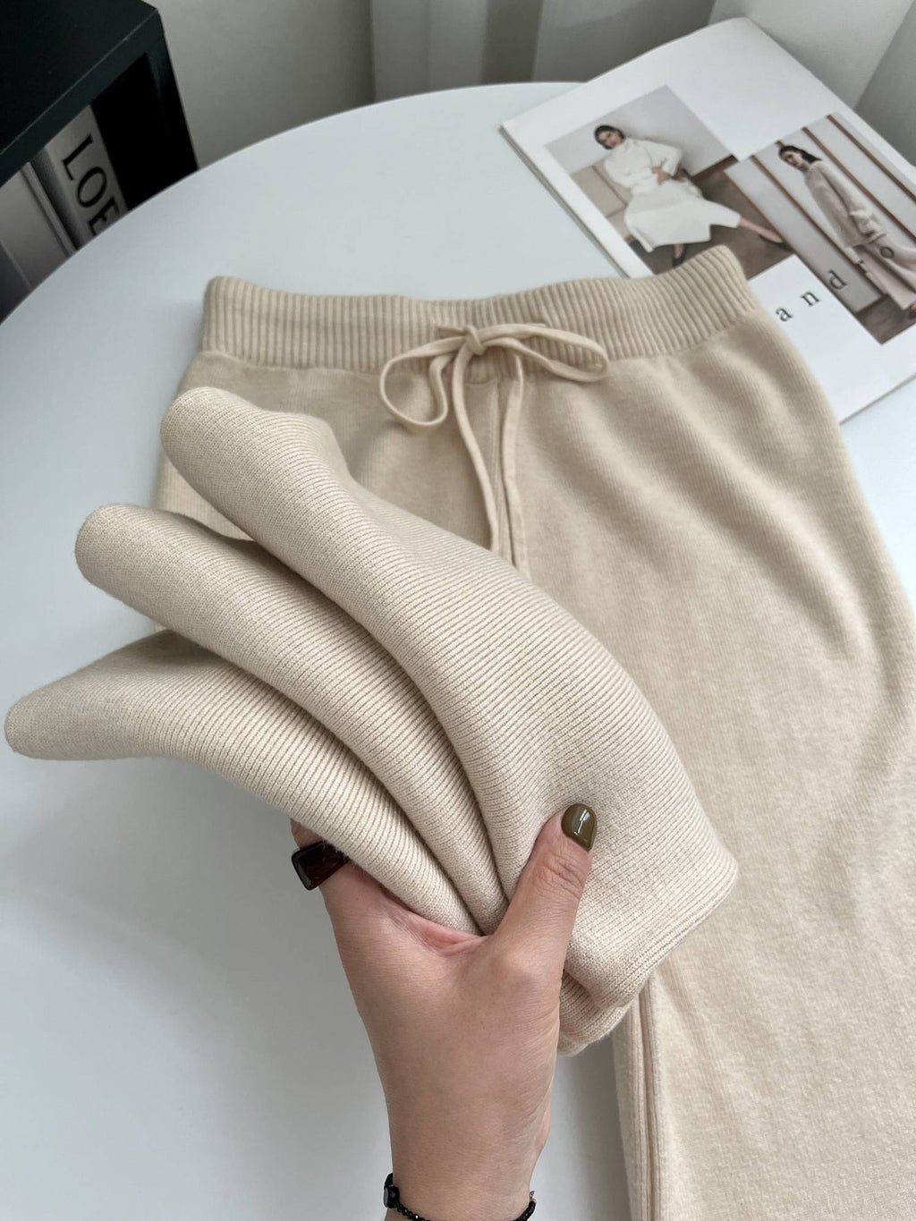 Sable Cashmere-Knit Wide-Leg Trousers