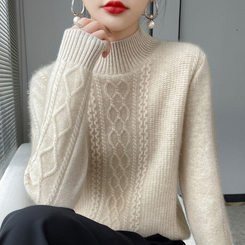 Camiseta Feminina de Gola Alta para Outono e Inverno, Suéter de Cashmere que Emite Calor, Manga Longa, Ajuste Regular