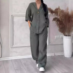 Wren Cotton-Linen Blouse & Wide-Leg Pants Set